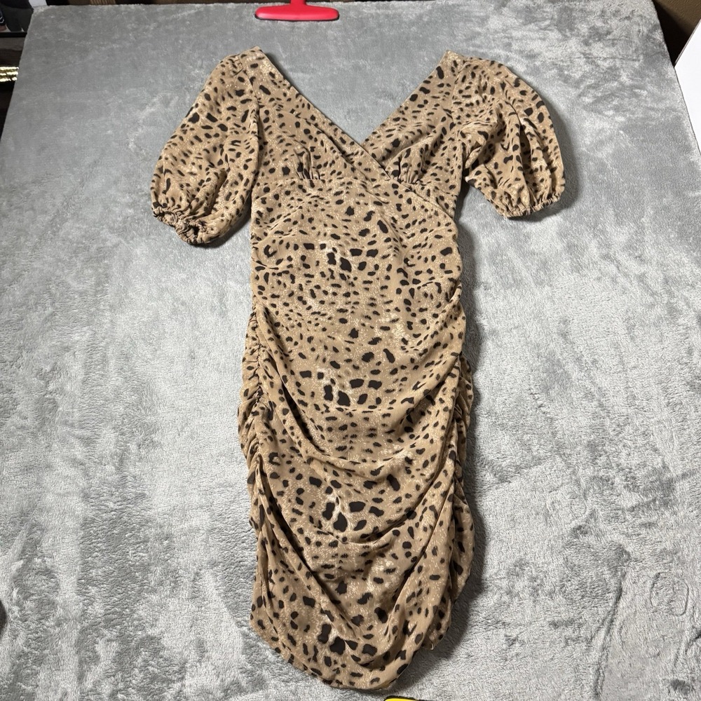 LPA Revolve Brown Cheetah Print Mini Dress‎ Women's Size XS Ruched Sides